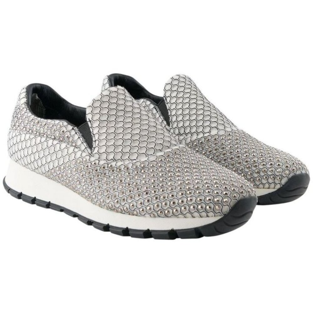 NWT Prada Silver Grey Rhinestone Studded Slip On Sneakers Box Size 36